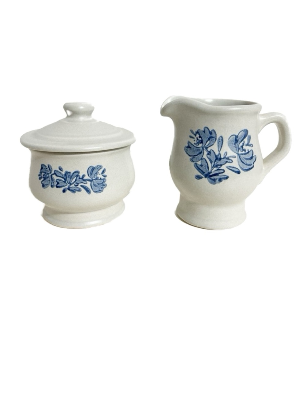 Pfaltzgraff Vintage Cream & Sugar Set Blue Floral Pattern on White Stoneware